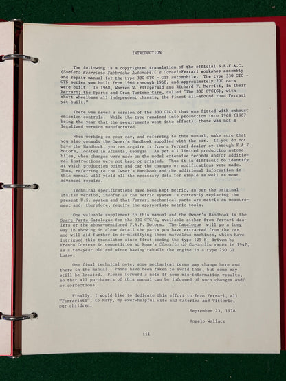 Ferrari 330 GTC & 330 GTS Assembly Data & Repair Instructions (Wallace)