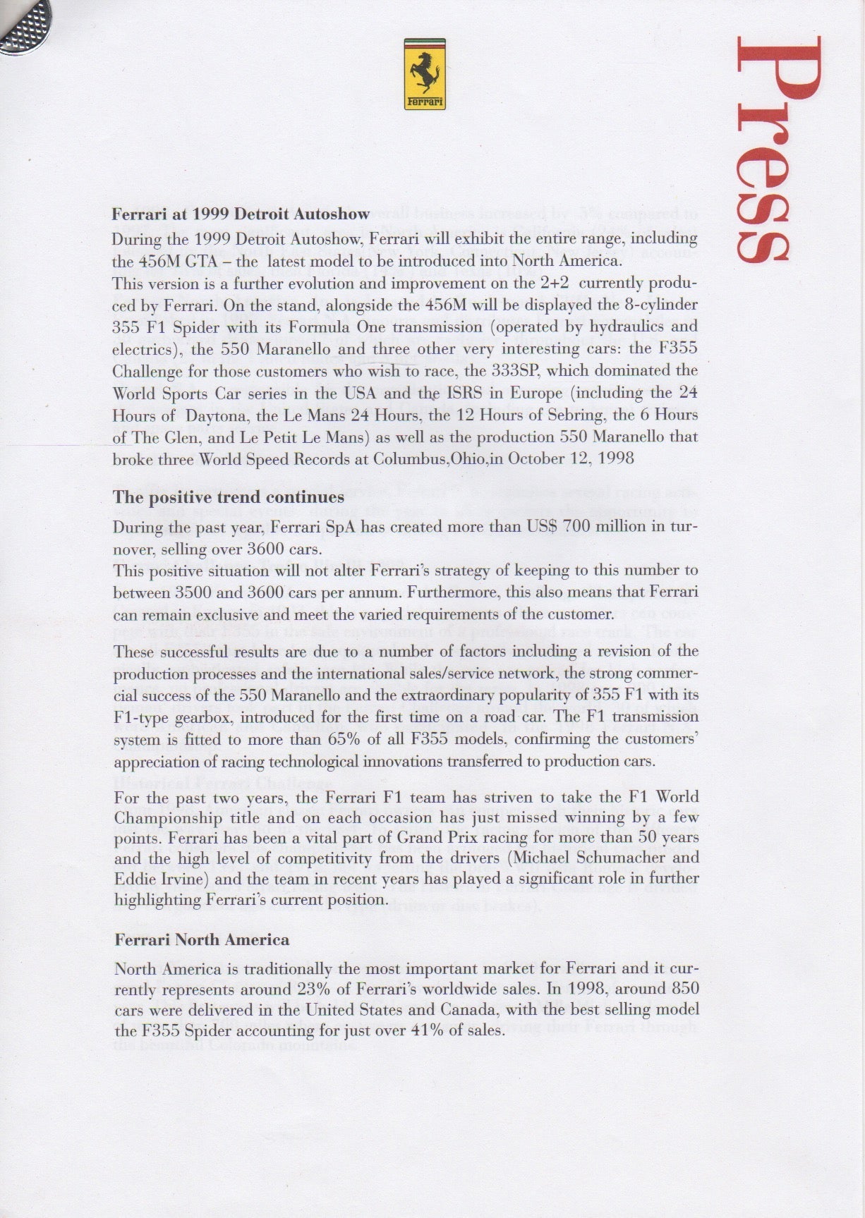 Ferrari Press Kit 1999 NAIAS Detroit (Dmg)