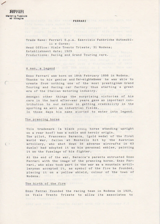 Ferrari Press Release 1983/1984