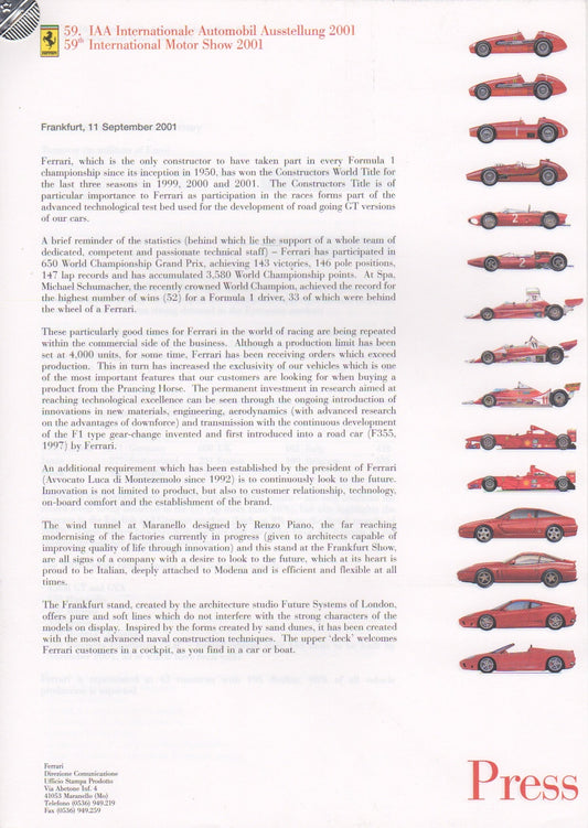 Ferrari Press Kit - 2001 Frankfurt Inernational Motor Show (1736/01)