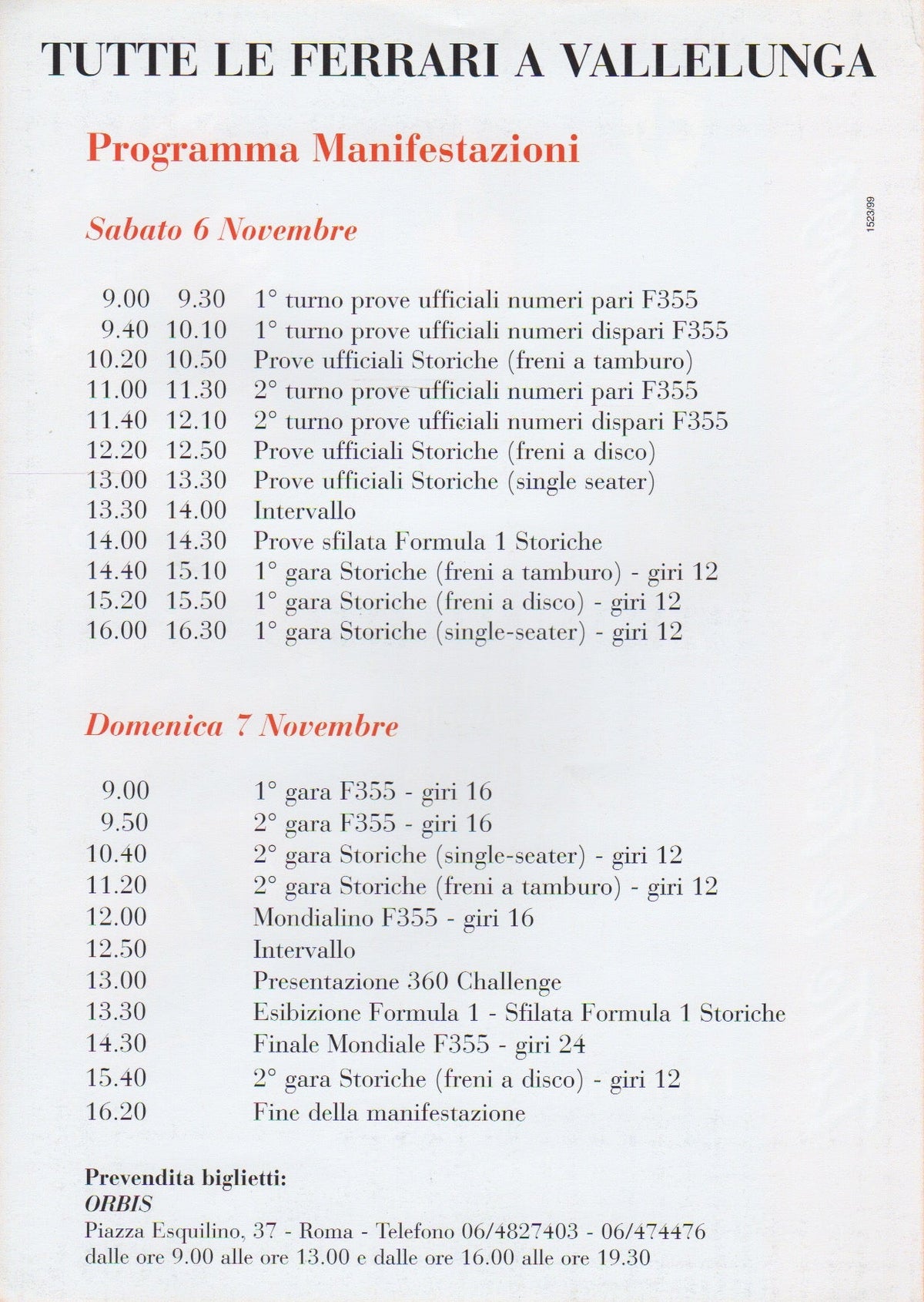 Tutte le Ferrari a Vallelunga 6-7 Nov 1999 Program Flyer (1523/99)