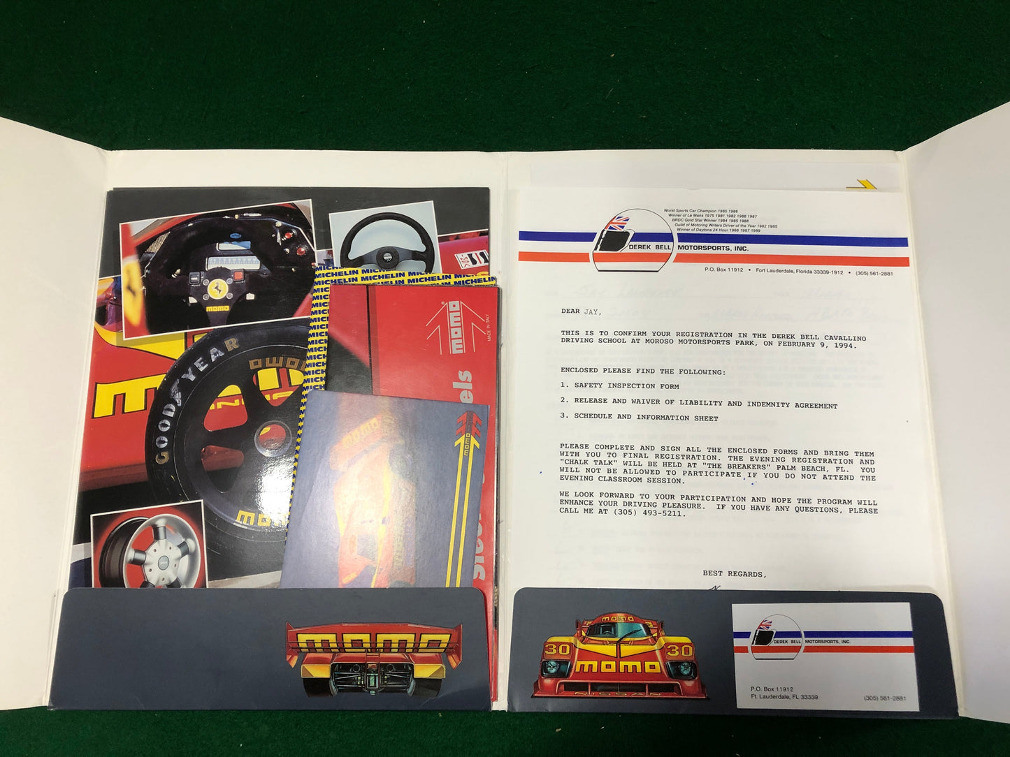 MOMO Corse - Derek Bell Cavallino Driving School Registration Package