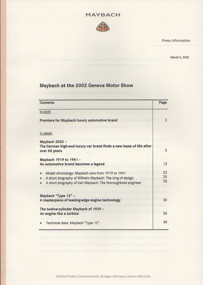 Maybach Press Kit 2002 Geneva