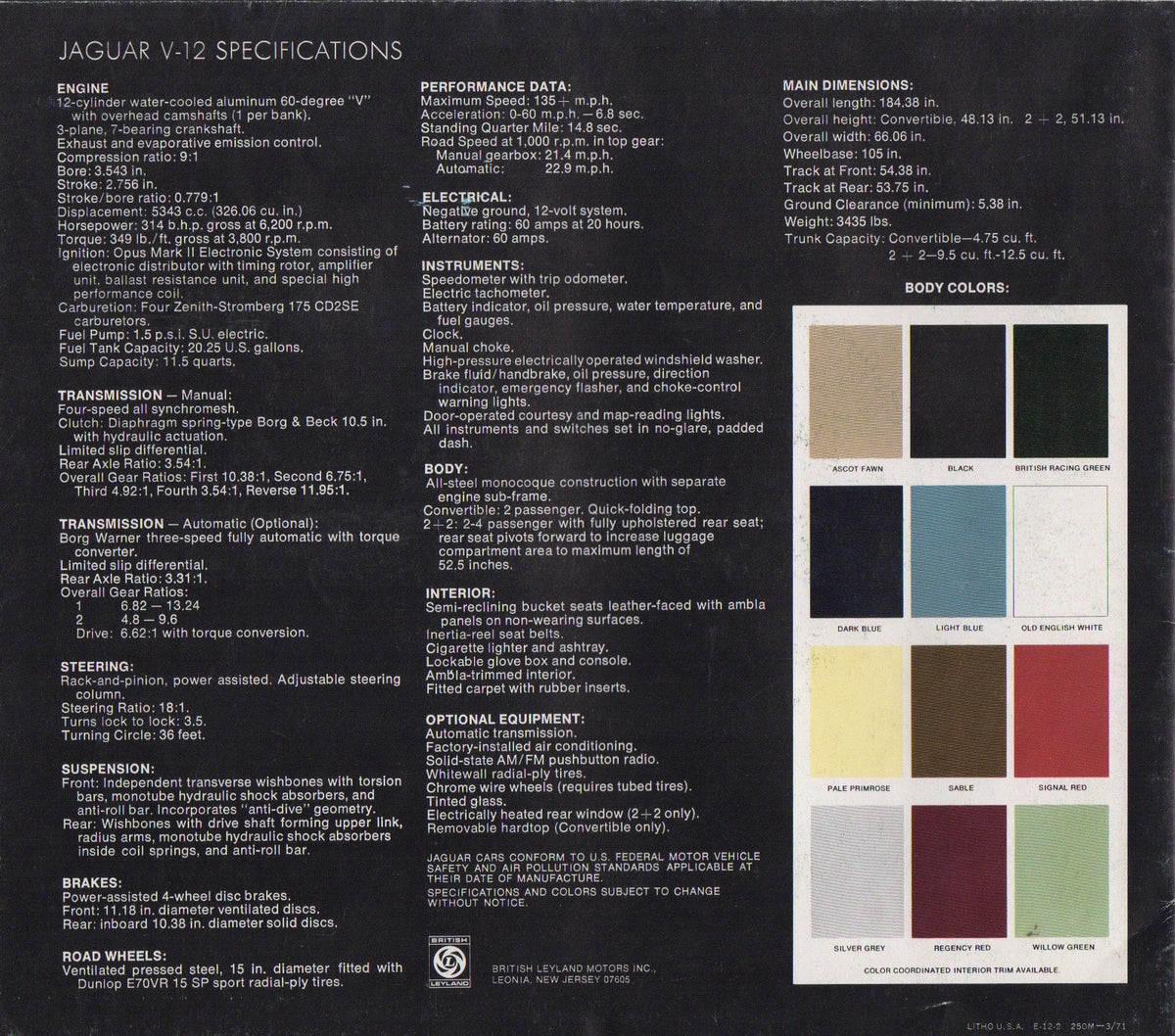 Jaguar V-12 E-Type Brochure 1971